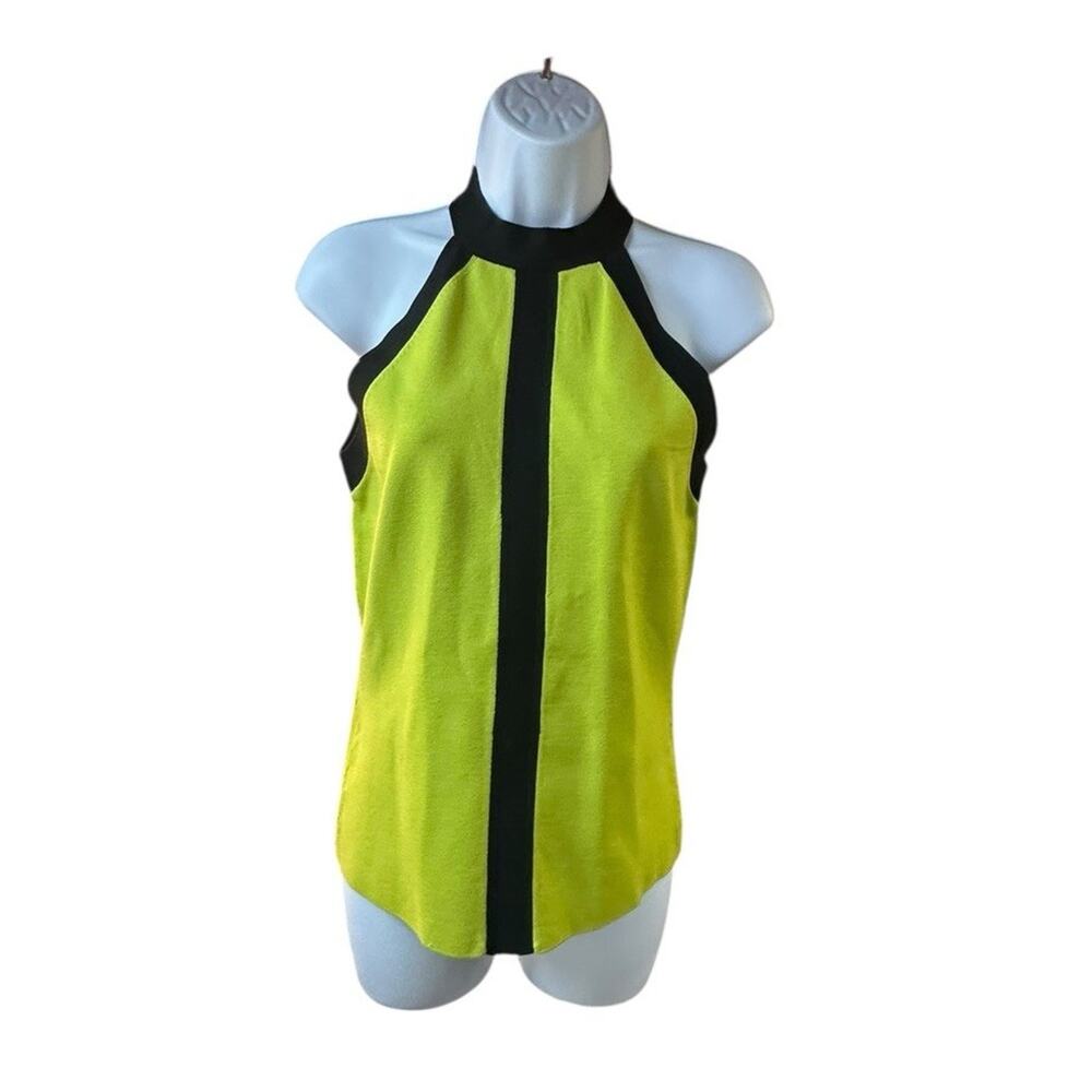 CACHE Halter Top Silk Blend Chartreuse Yellow Black Colorblock Glam Size Large